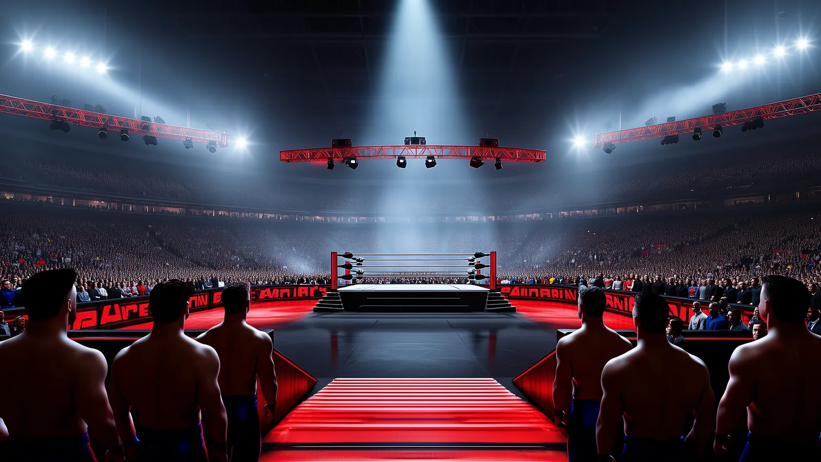 A WWE championship belt on a ring apron under arena lights
